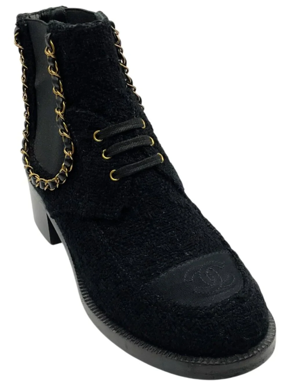 Chanel Black Tweed Chelsea Boots with Gold Chain Detail